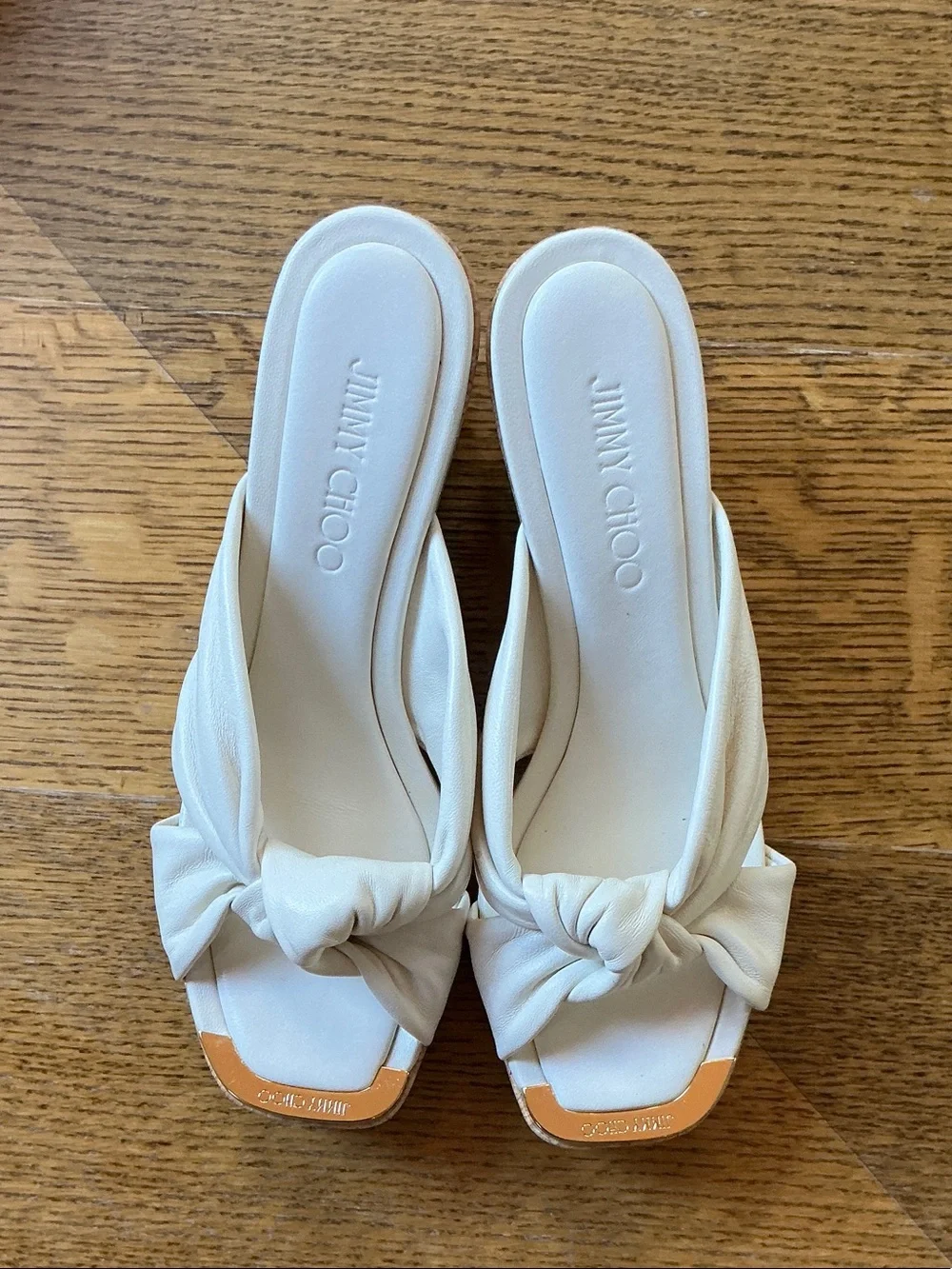 NWT Jimmy Choo Latte Knot Cork Platform Sandals with Gold Accent